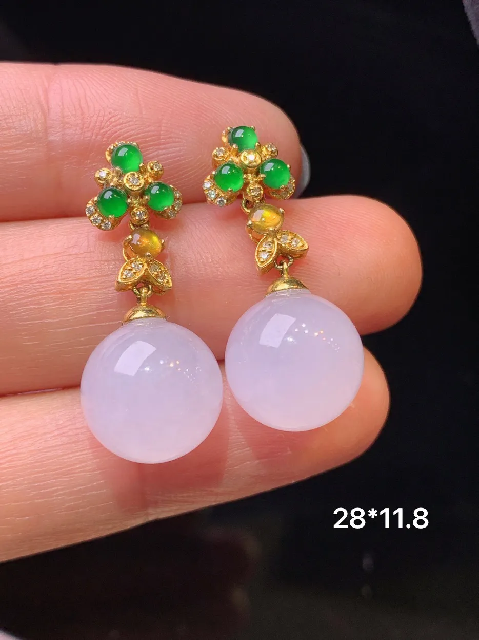 18k金钻镶嵌圆珠耳坠 玉质细腻 色泽清新艳丽 整体尺寸28*11.8