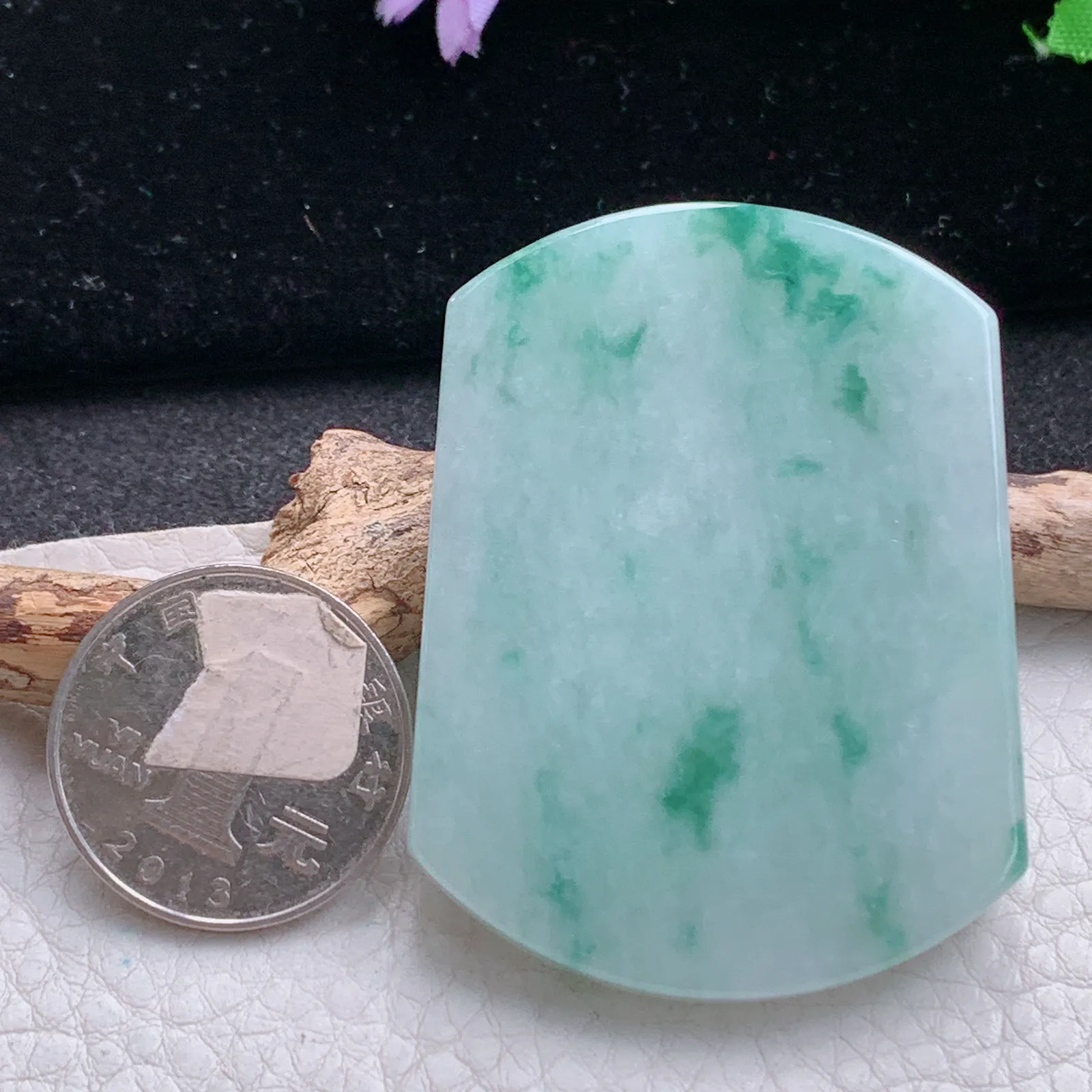 zen自然光55*41.3*5.8天然缅甸翡翠冰飘花平安无事牌 素面牌玉吊坠 玉挂件