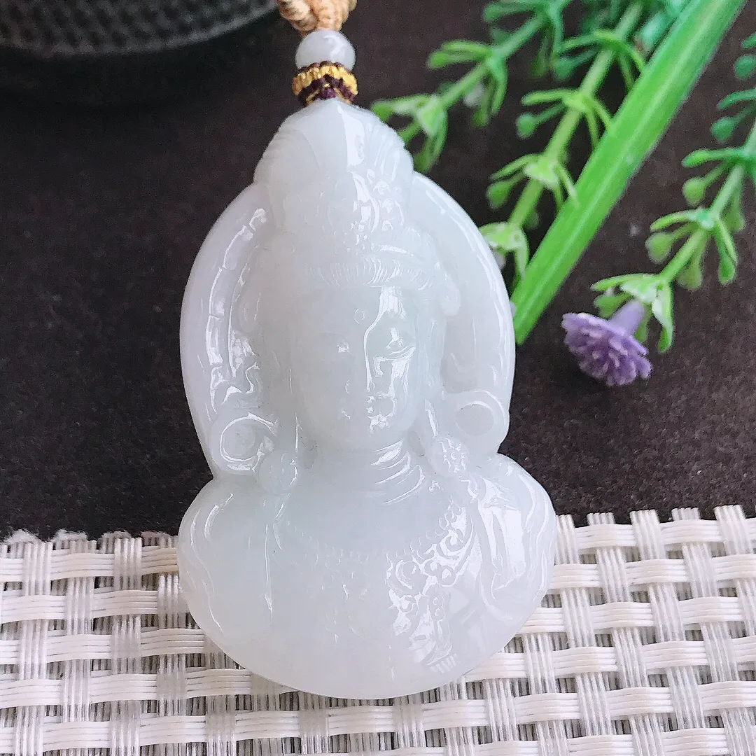 实拍A货翡翠51.8/33.8/10.5老坑秀气温润观音头吊坠翡翠玉牌挂件