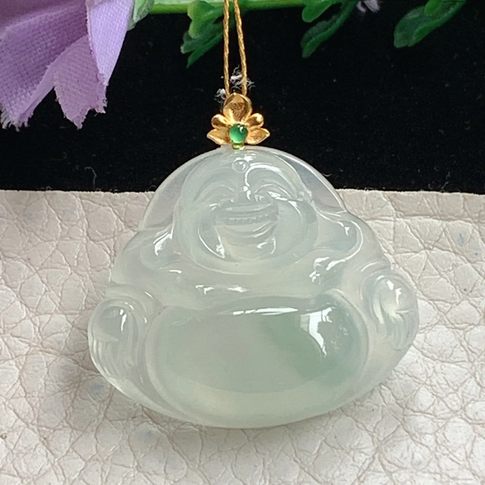 ws实拍24*28.5*6缅甸翡翠精雕冰种佛公 开心佛玉吊坠 玉挂件