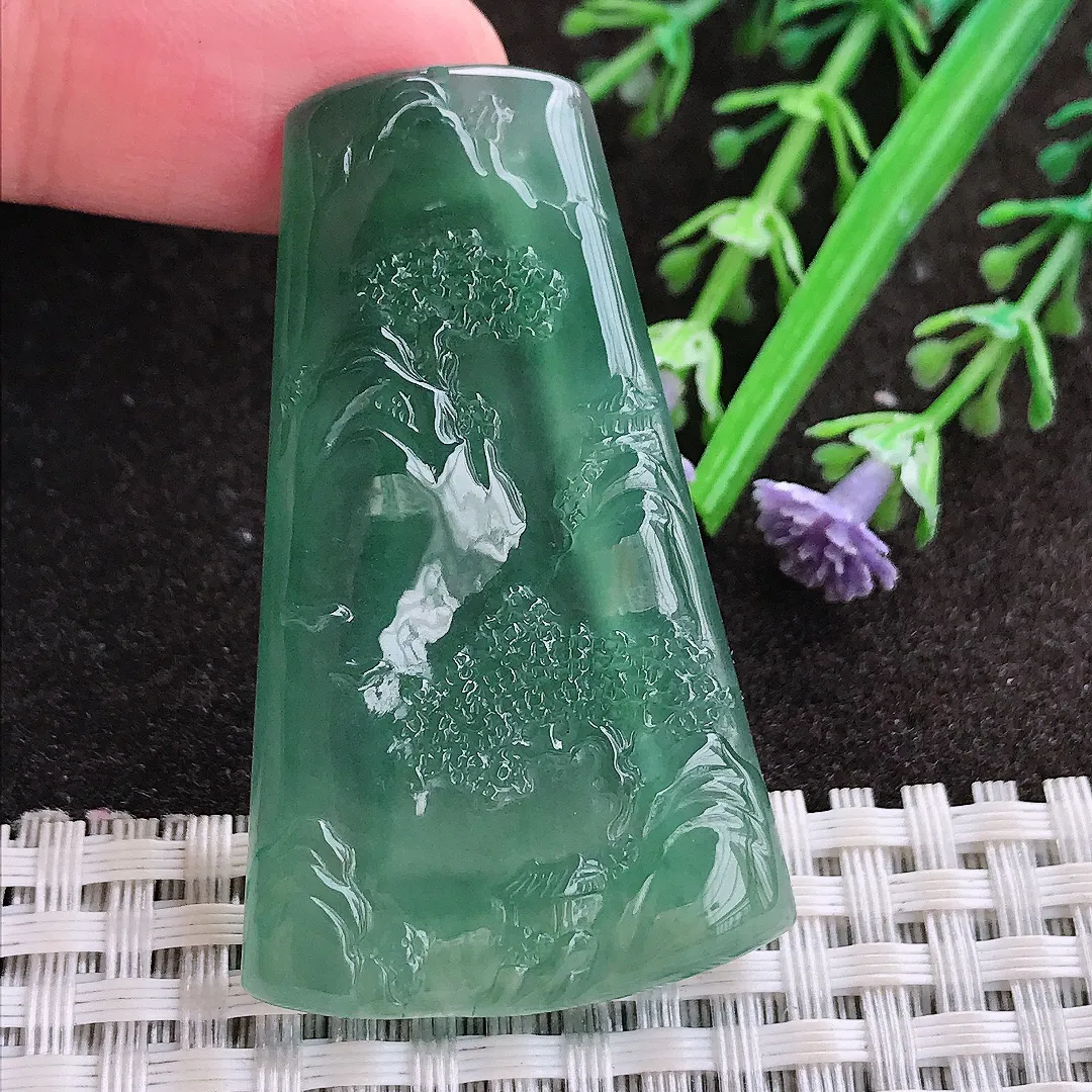 实拍A货翡翠50.5/30/4.7老坑冰种起胶冰蓝蓝韵山水牌吊坠翡翠玉牌挂件