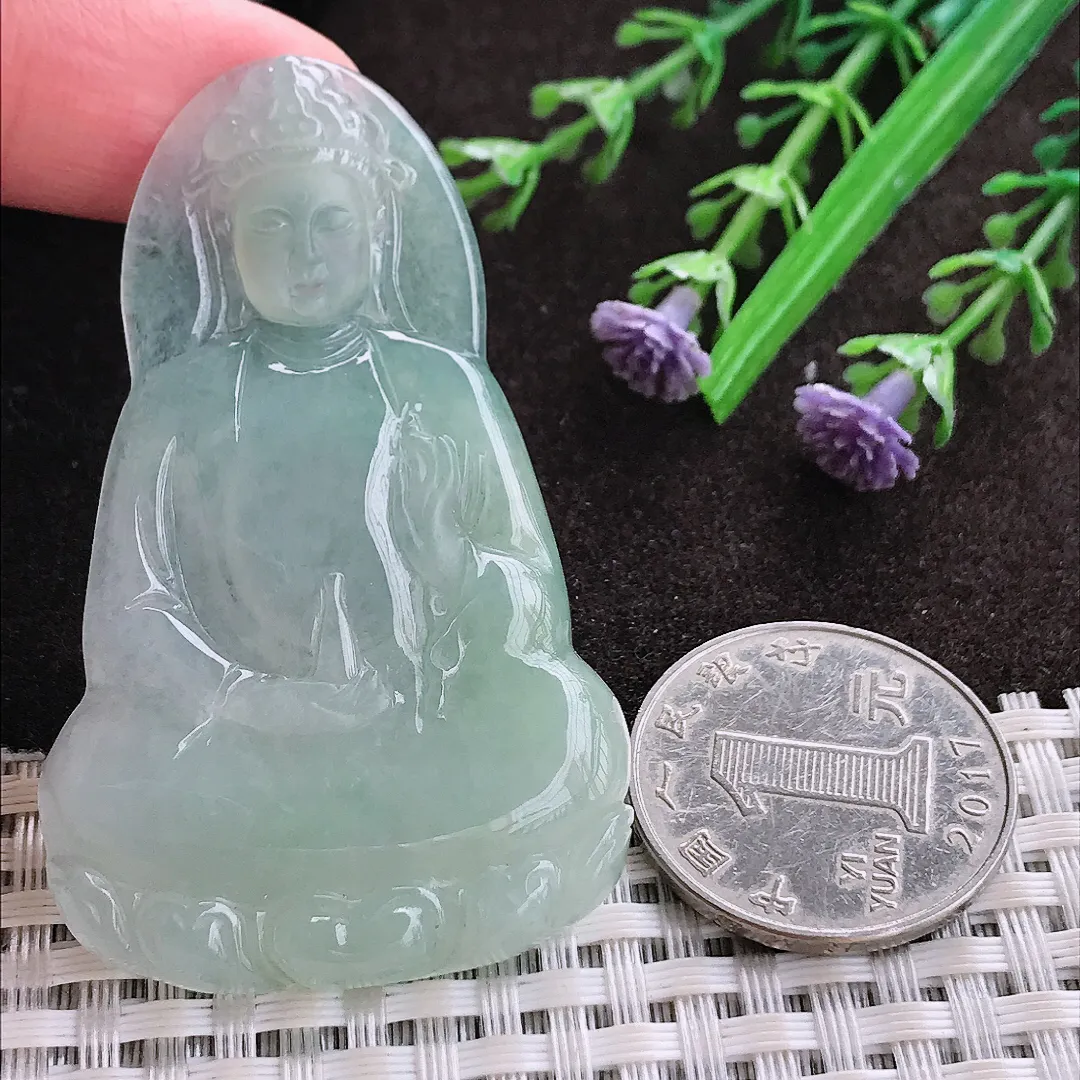 实拍A货翡翠59.5/37.5/4.6老坑冰润起胶冰晴绿素衣观音吊坠翡翠玉牌挂件