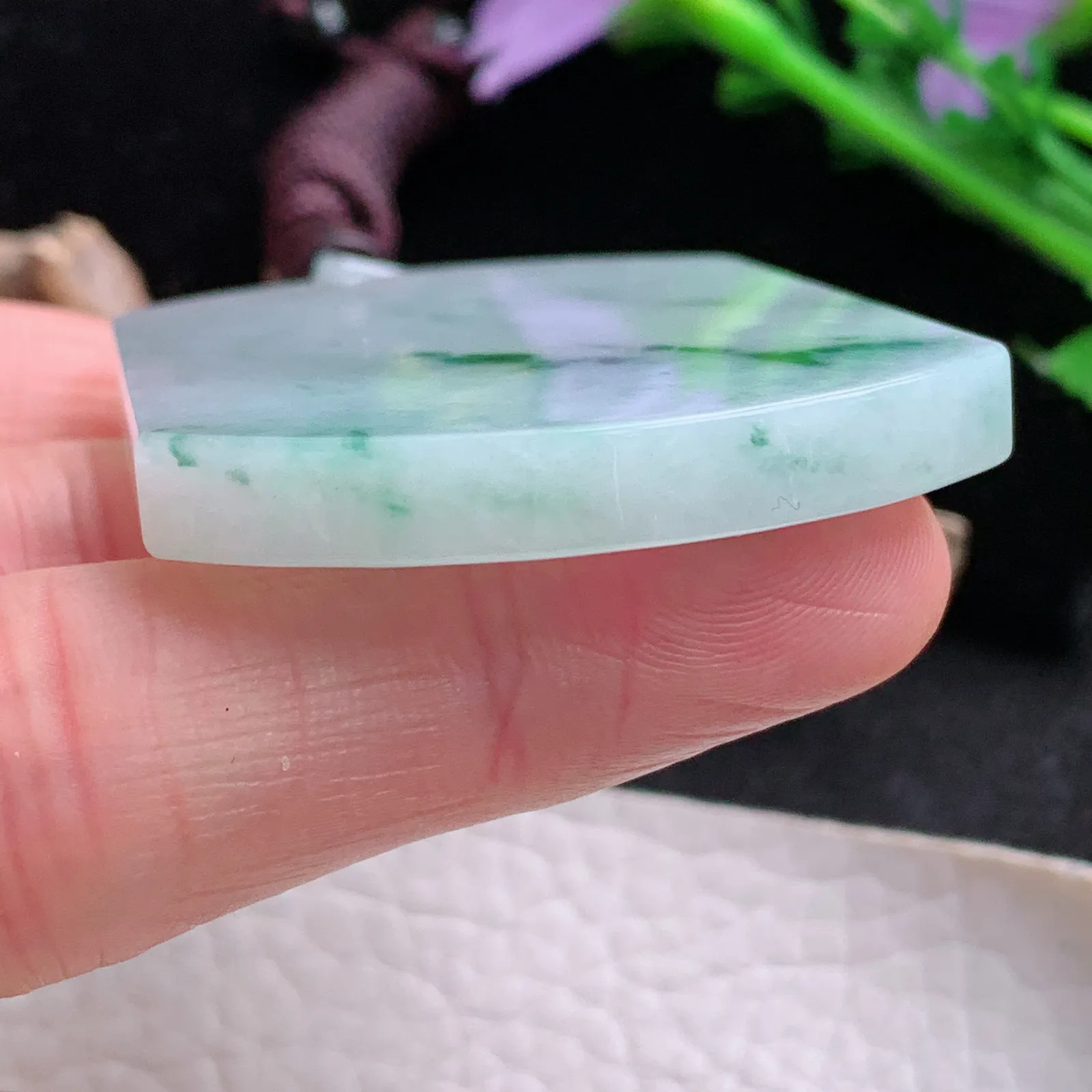 zen自然光55*41*5.8天然缅甸翡翠冰飘花平安无事牌 素面牌玉吊坠 玉挂件