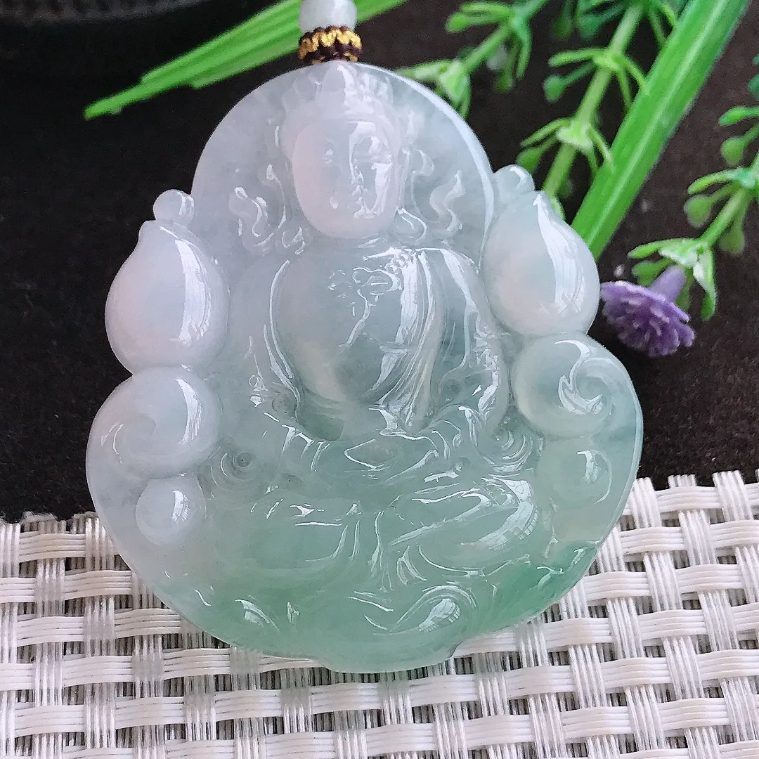 实拍A货翡翠53/48.6/6.8老坑冰胶水灵冰晴绿赐福观音吊坠翡翠玉观音挂件