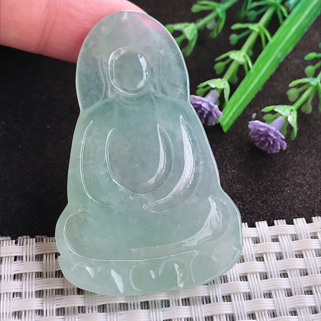 实拍A货翡翠59.5/37.5/4.6老坑冰润起胶冰晴绿素衣观音吊坠翡翠玉牌挂件