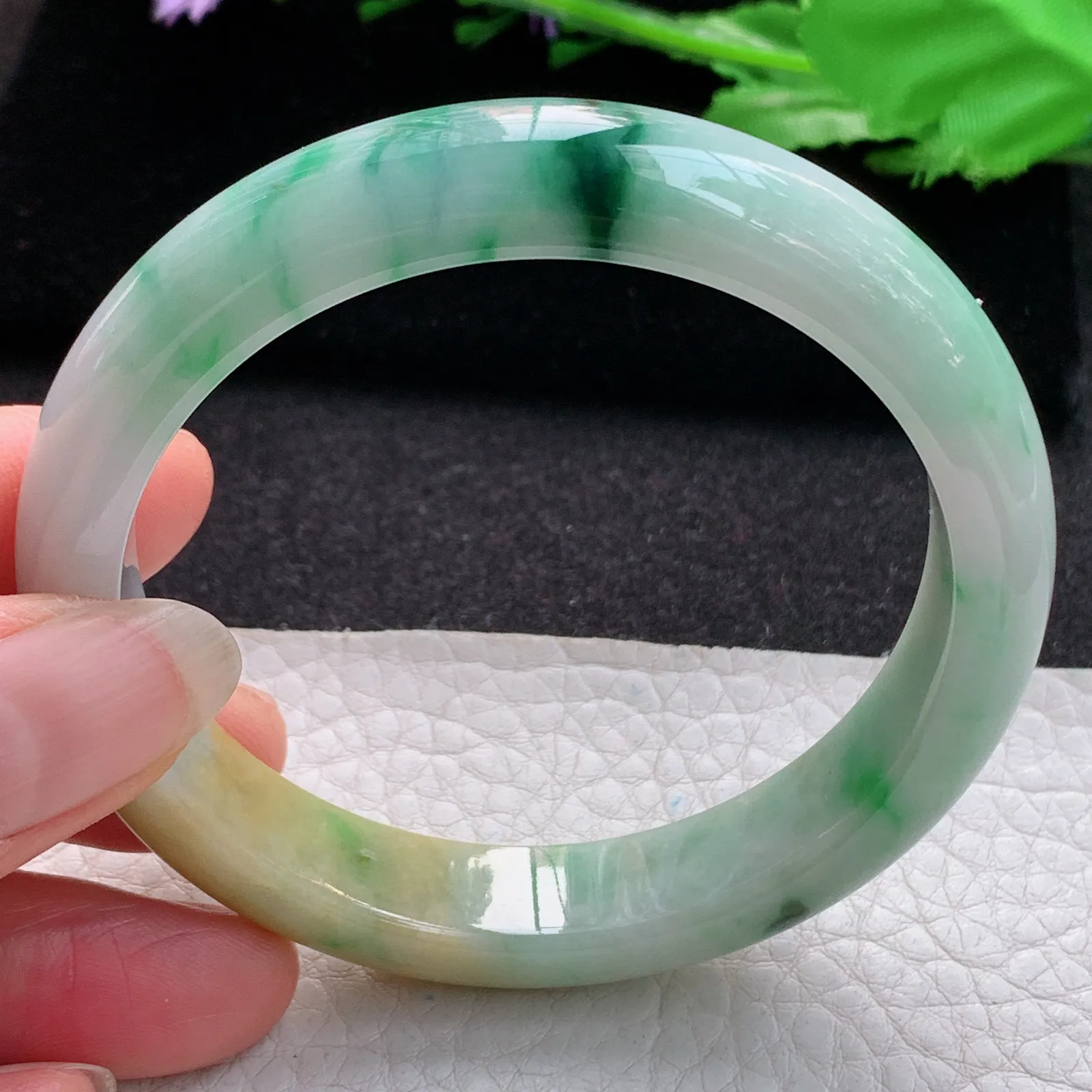 h实拍57.5*11.8*7.8平安镯 缅甸翡翠a货玉手镯胶感三彩宽边玉手环