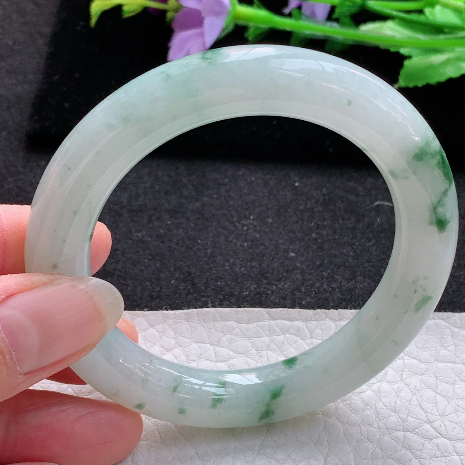 ee实拍53.9*10.8*10.9美人镯 缅甸翡翠a货玉手镯冰飘花圆条玉手环