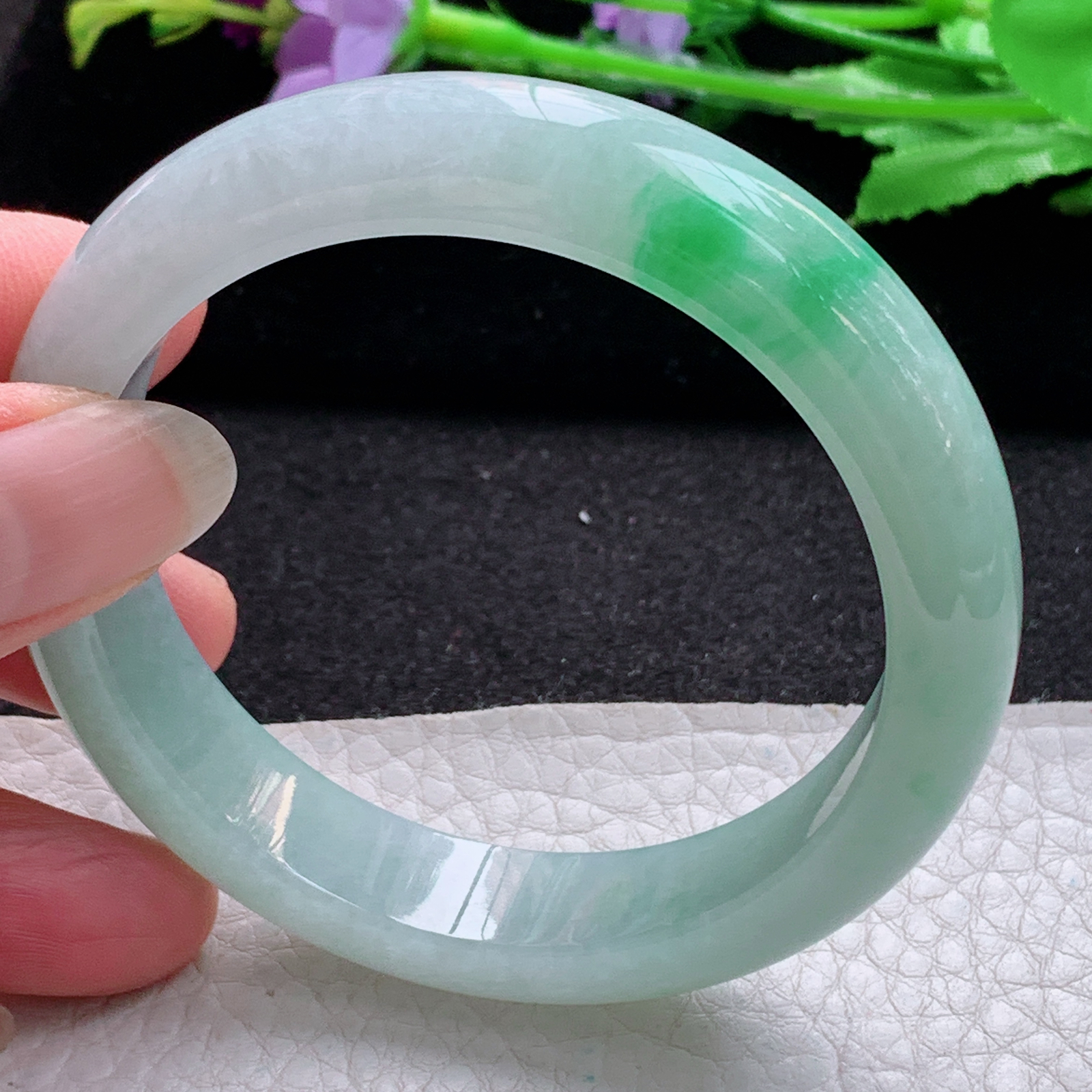 nr实拍56*12.5*8.3平安镯 缅甸翡翠a货玉手镯白底青宽边玉手环