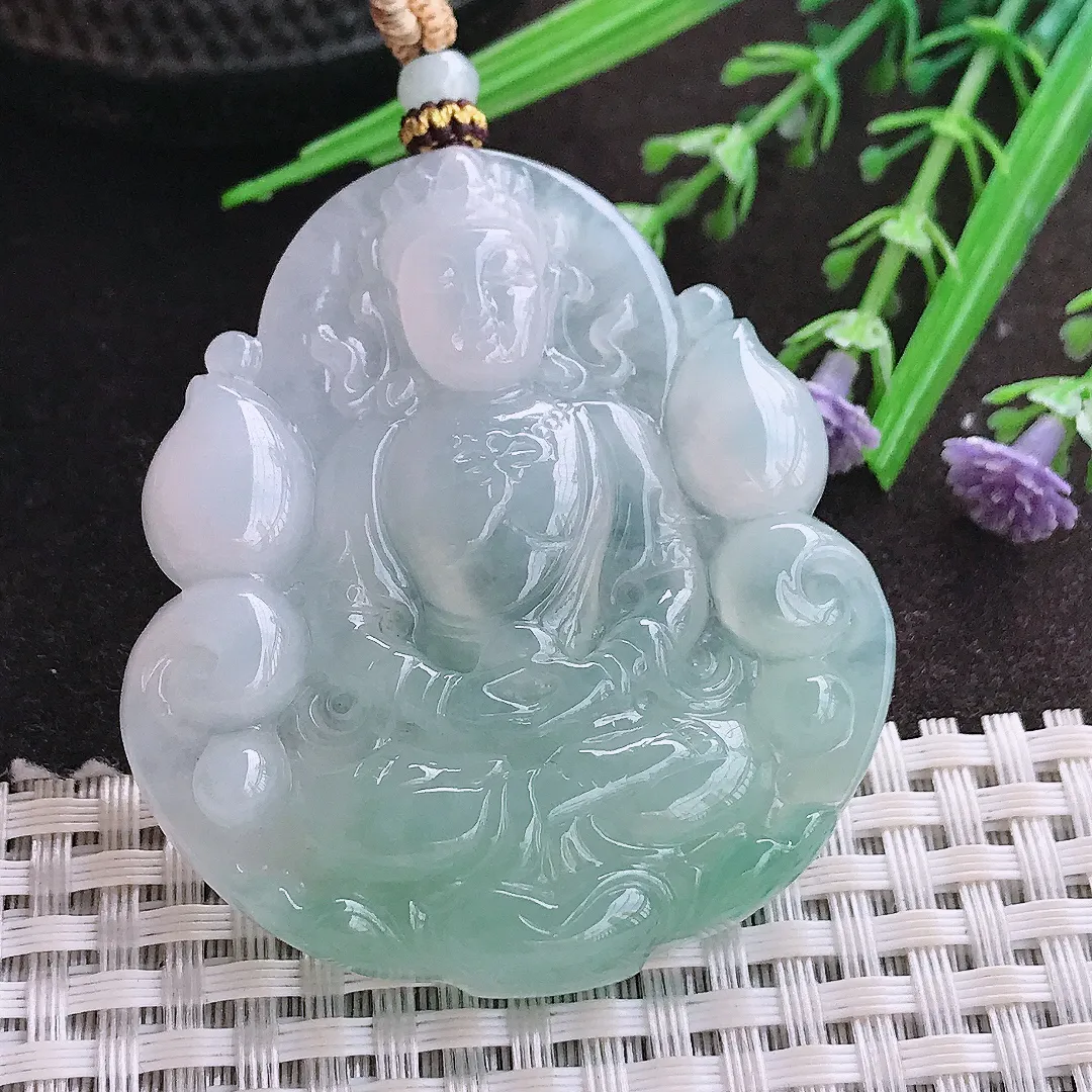 实拍A货翡翠53/48.6/6.8老坑冰胶水灵冰晴绿赐福观音吊坠翡翠玉观音挂件