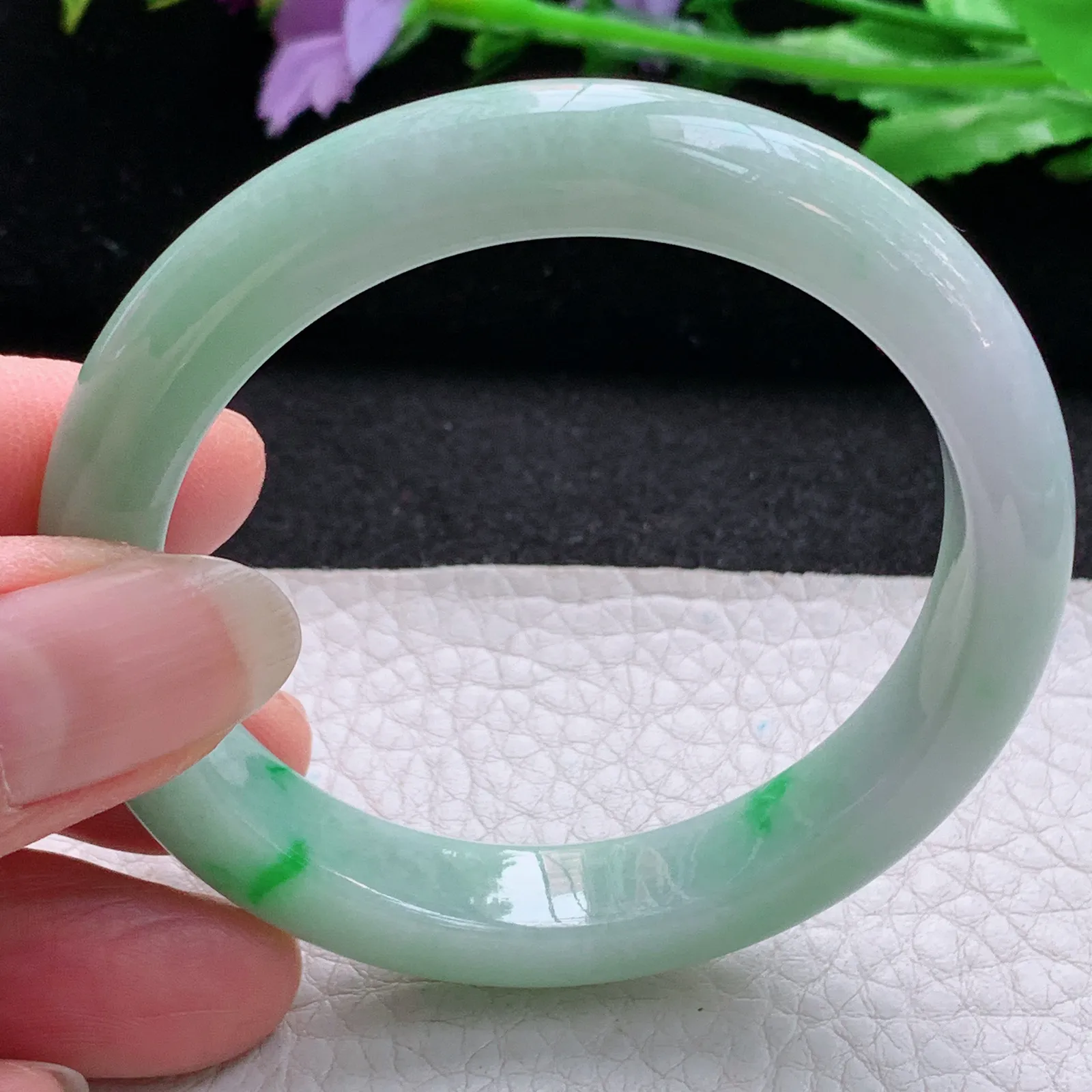 hf小圈口52*10.8*7.8平安镯 缅甸翡翠a货玉手镯秀气春带彩宽边玉手环