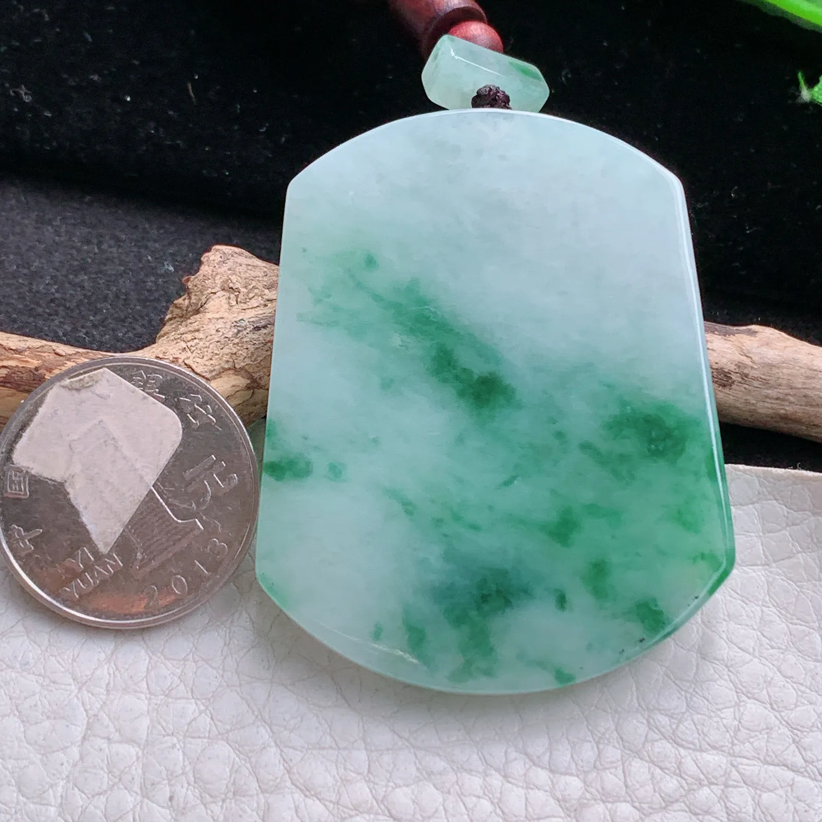 zen自然光54*43*5.8天然缅甸翡翠冰飘绿花平安无事牌 素面牌玉吊坠 玉挂