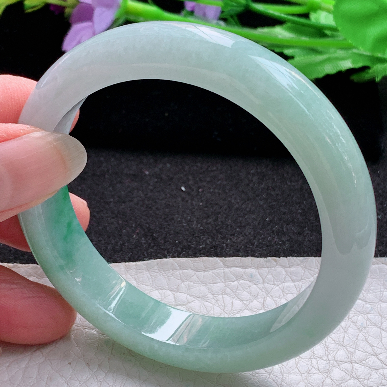 nr实拍56*12.5*8.3平安镯 缅甸翡翠a货玉手镯白底青宽边玉手环