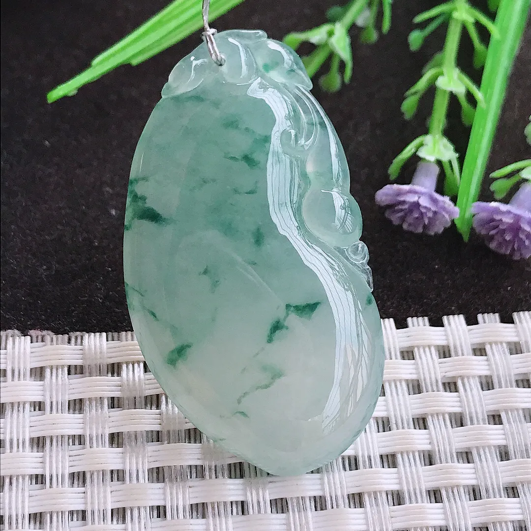 实拍A货翡翠47.5/26/6.4老坑冰胶果冻冰飘花福瓜吊坠翡翠玉牌挂件