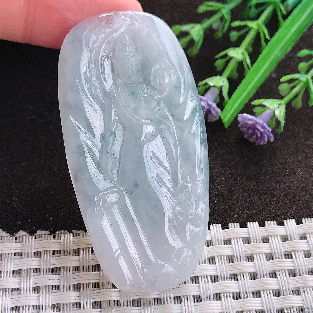 实拍A货翡翠60/30.5/5老坑冰润起胶赐福观音吊坠翡翠玉牌挂件