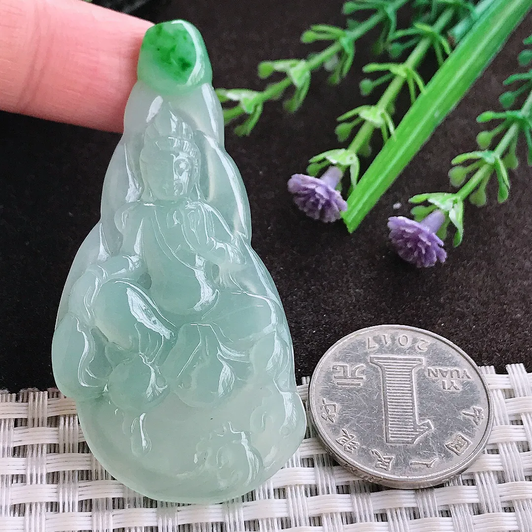 实拍A货翡翠65/31/4.6老坑冰胶水灵冰晴绿赐福观音吊坠翡翠玉牌挂件