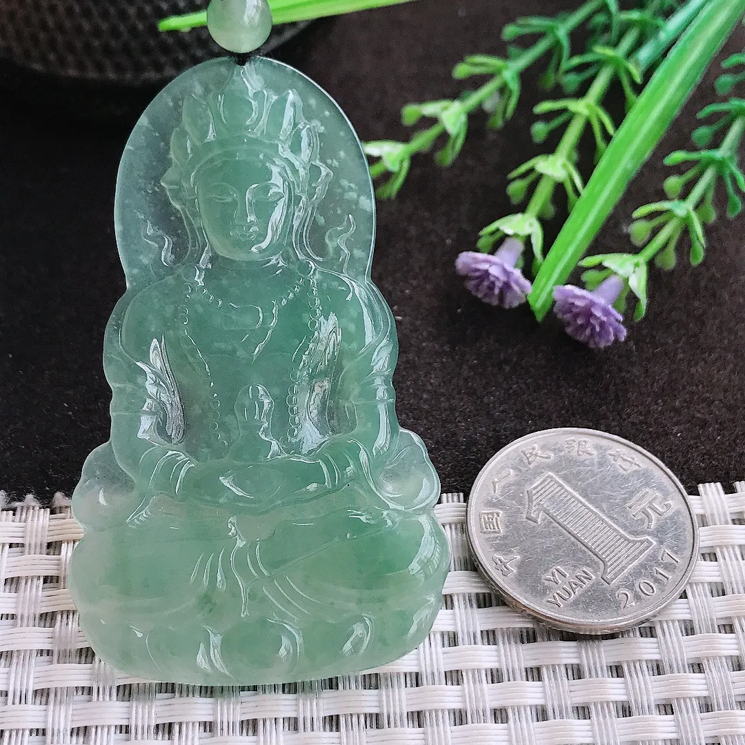 实拍A货翡翠64.5/38.6/4老坑冰润起胶蓝韵度母菩萨吊坠翡翠玉牌挂件