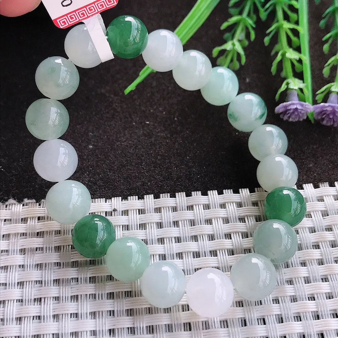 实拍A货翡翠10/19颗老坑冰胶水灵圆珠手链翡翠玉珠手串女