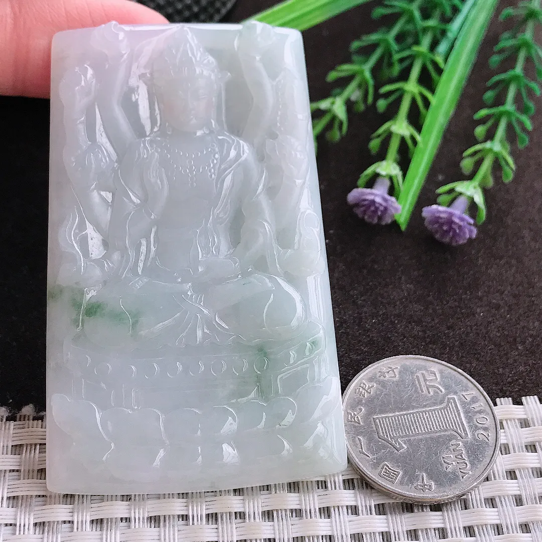 实拍A货翡翠70.5/44/5.8老坑冰润飘花千手观音吊坠翡翠玉牌挂件