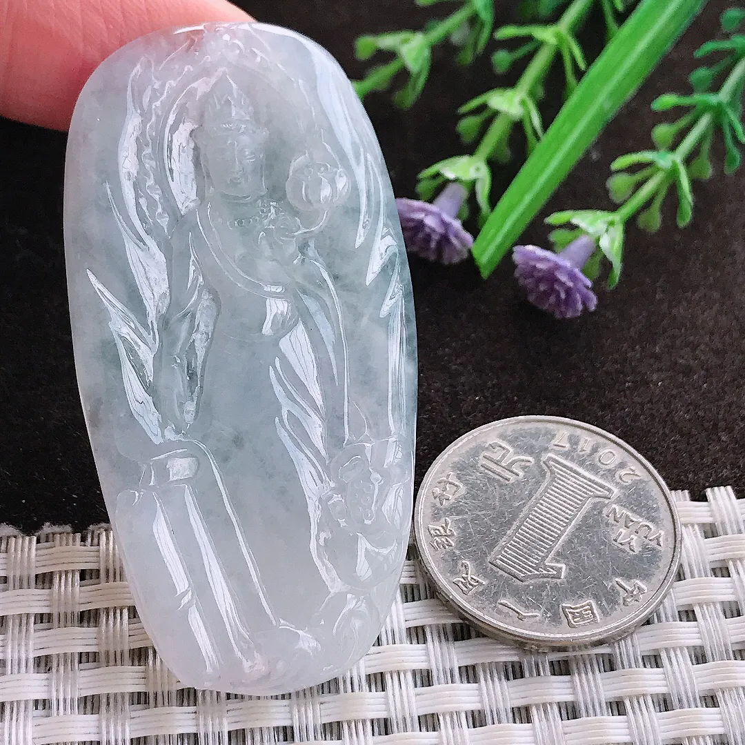 实拍A货翡翠60/30.5/5老坑冰润起胶赐福观音吊坠翡翠玉牌挂件