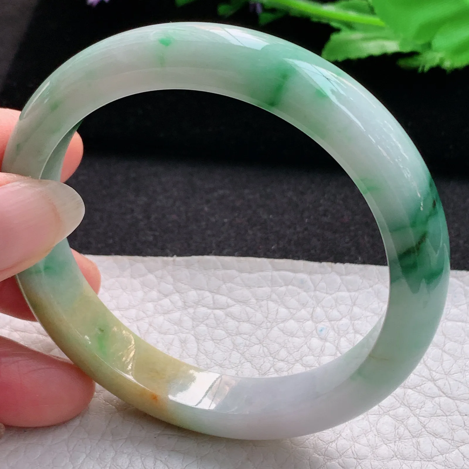 h实拍57.5*11.8*7.8平安镯 缅甸翡翠a货玉手镯胶感三彩宽边玉手环
