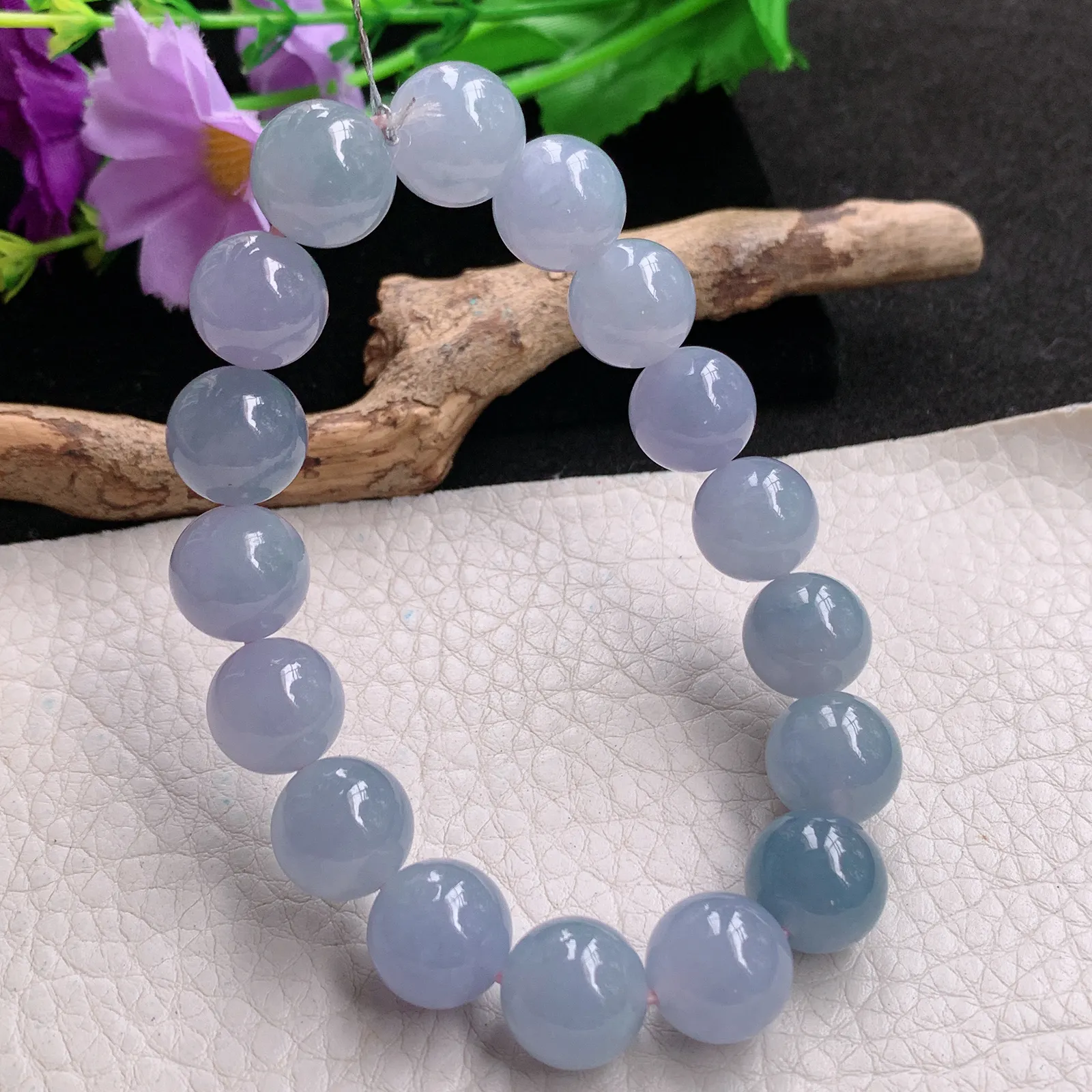 qxm实拍11.6mm缅甸翡翠精雕冰紫高雅圆珠玉手链 玉手串
