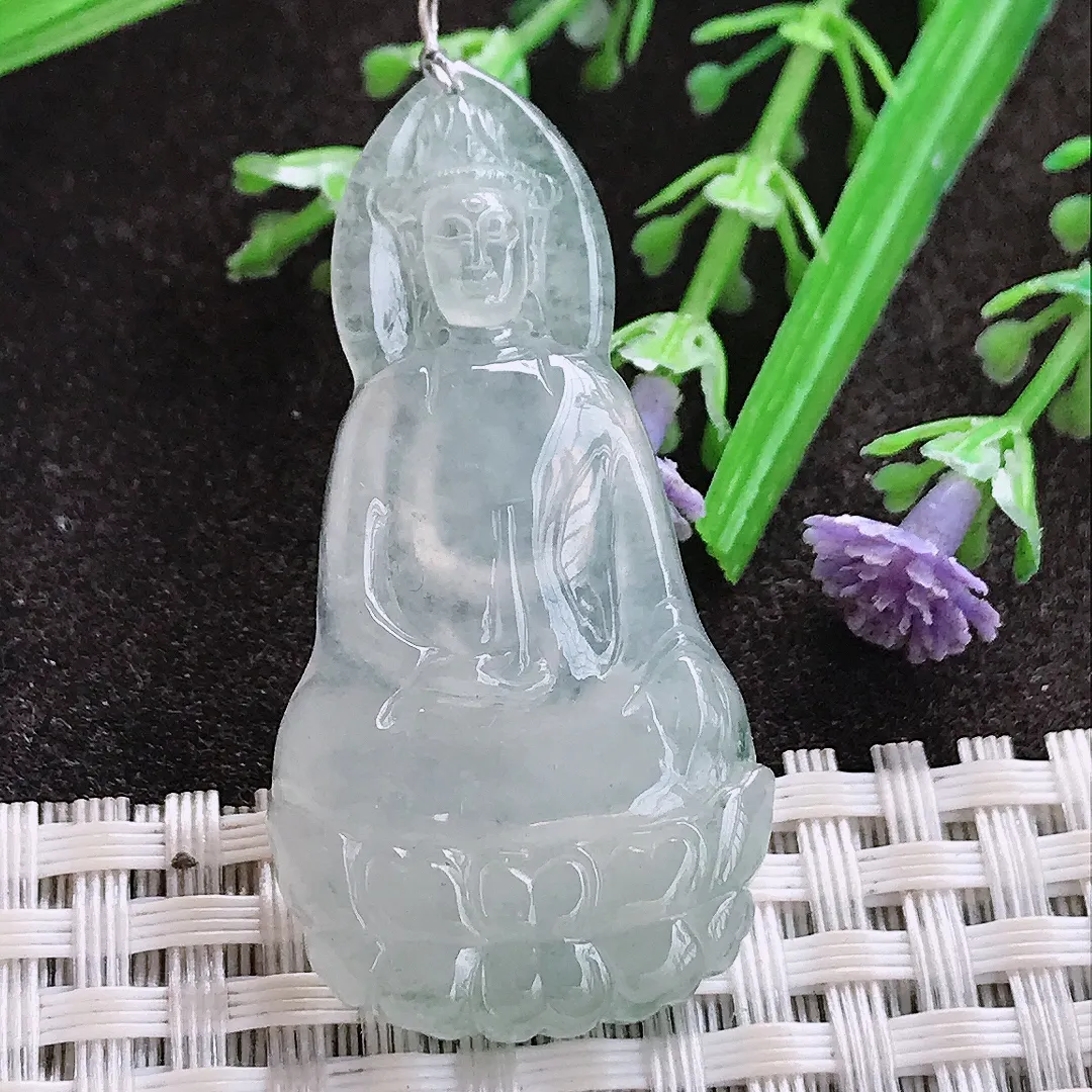 实拍A货翡翠44/22.5/5.5老坑冰种起胶冰晴素衣观音吊坠翡翠玉牌挂件