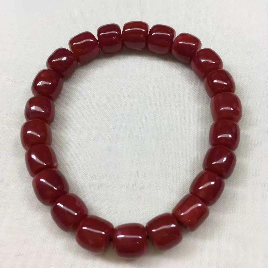 【天然日本阿卡牛血红珊瑚8.5mm老型大桶珠弹力单圈手串】天然无添加无修补，日本产地，阿卡材料，牛血