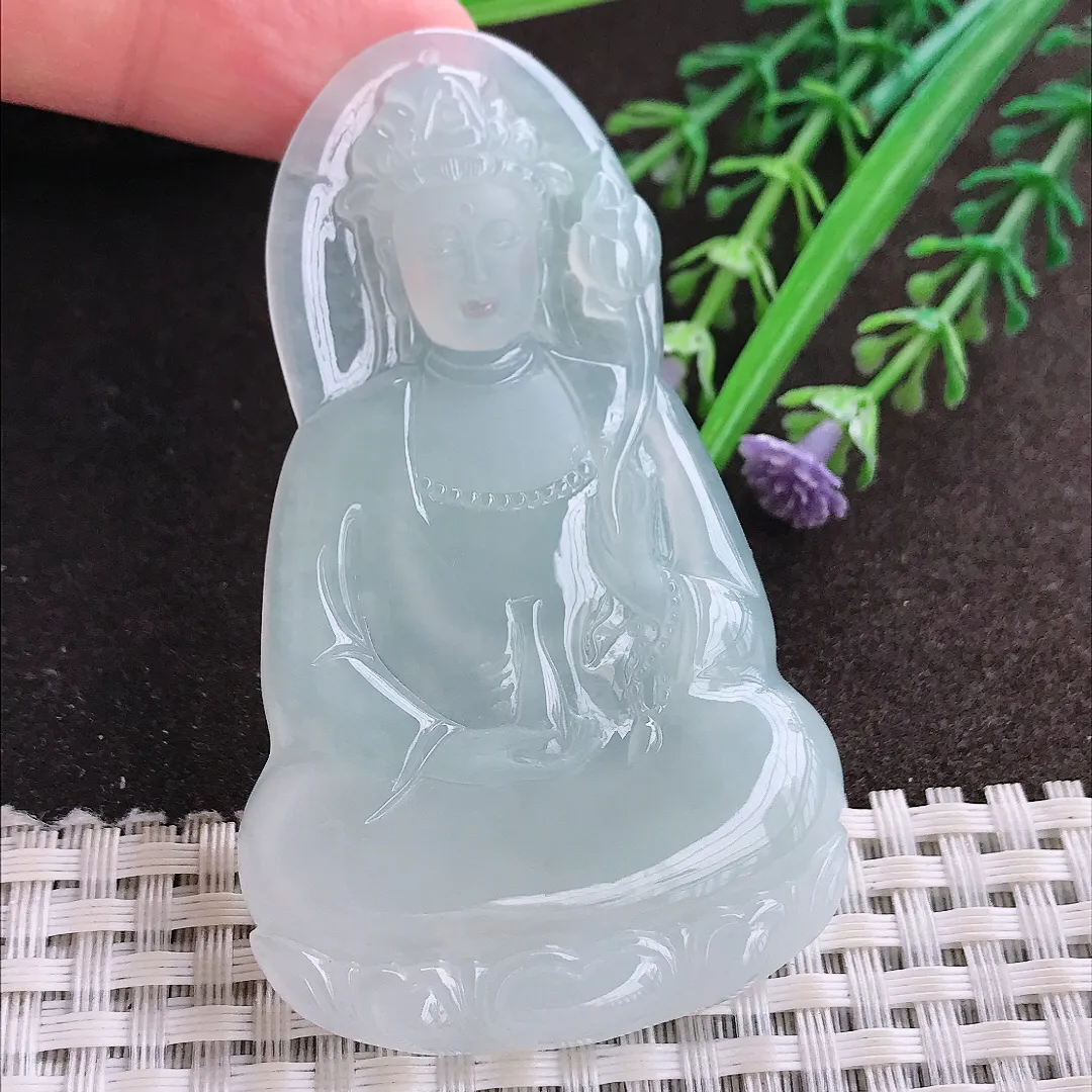 实拍A货翡翠70/42.3/6老坑冰胶果冻冰晴持莲观音吊坠翡翠大势至菩萨挂件