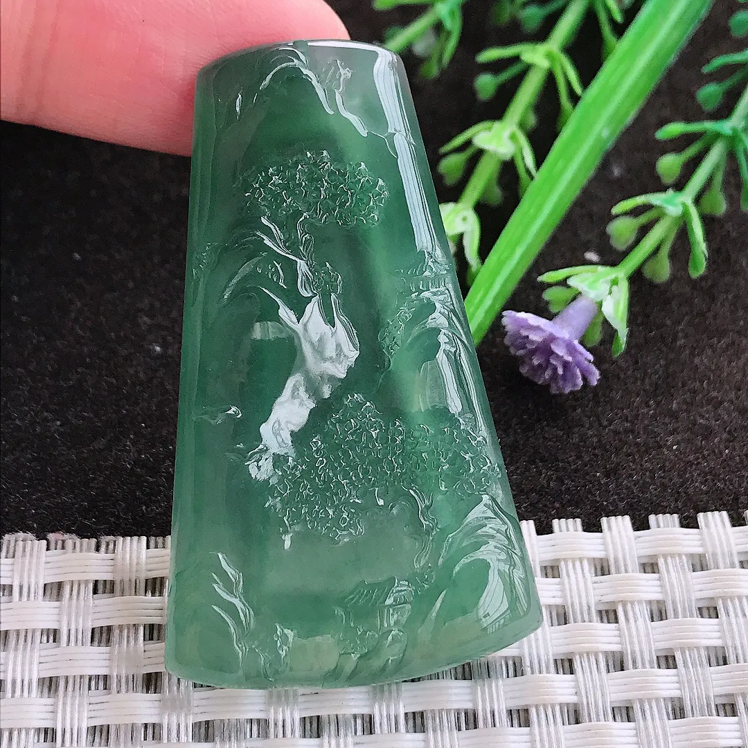 实拍A货翡翠50.5/30/4.7老坑冰种起胶冰蓝蓝韵山水牌吊坠翡翠玉牌挂件