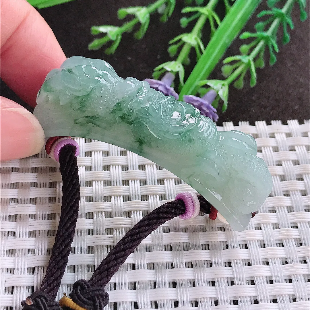 实拍A货翡翠55/11.7/14.5老坑冰润起胶飘花望子成龙手牌吊坠翡翠玉牌