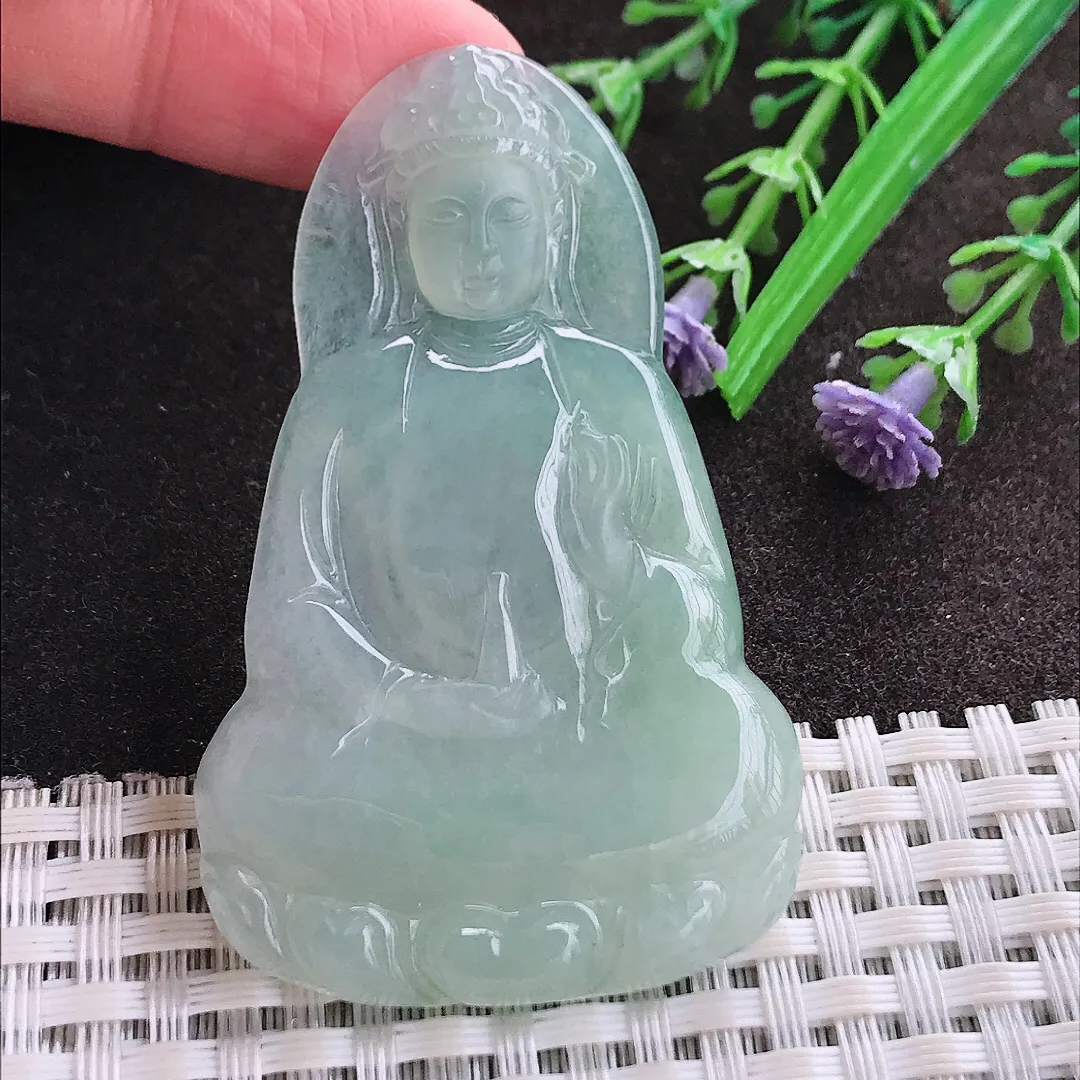 实拍A货翡翠59.5/37.5/4.6老坑冰润起胶冰晴绿素衣观音吊坠翡翠玉牌挂件