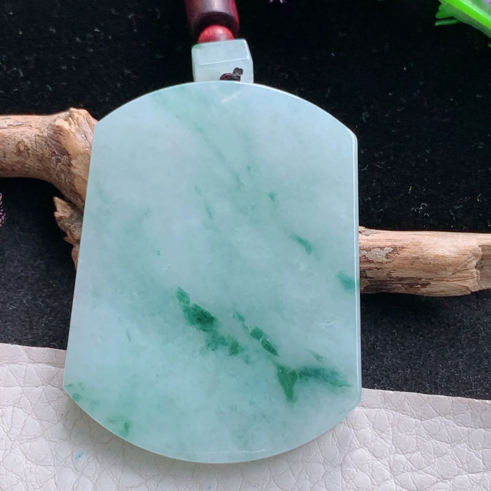 zen自然光55*41*5.8天然缅甸翡翠冰飘花平安无事牌 素面牌玉吊坠 玉挂件