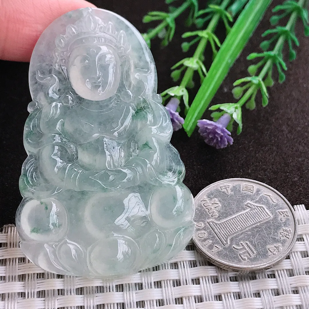 实拍A货翡翠60.8/39/6.6老坑冰种果冻胶飘花渡母菩萨吊坠翡翠玉观音挂件