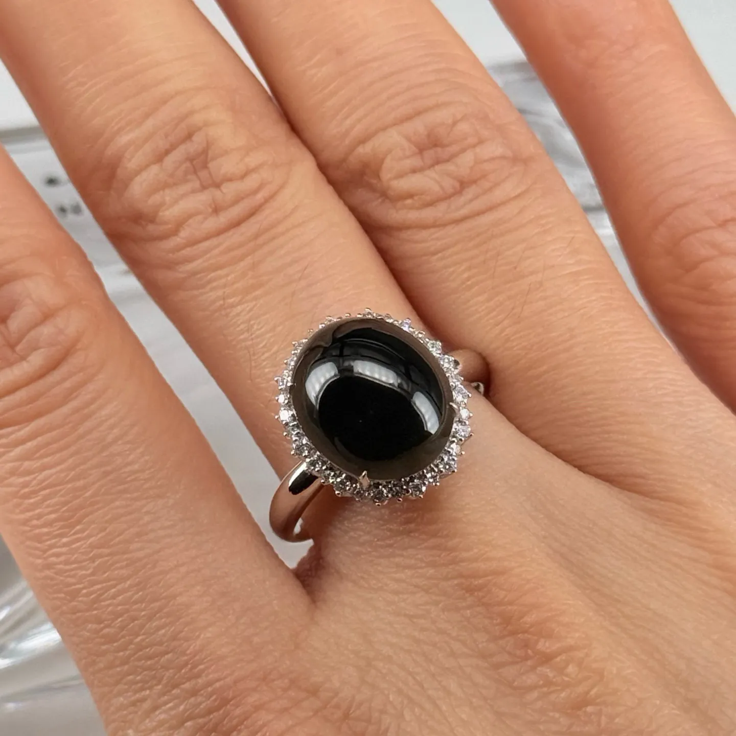 精品满钻豪镶墨翠蛋面女戒 种好色正 黑度极好 打灯通透 油性十足 尺寸12.8