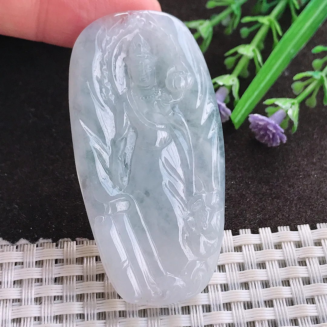 实拍A货翡翠60/30.5/5老坑冰润起胶赐福观音吊坠翡翠玉牌挂件