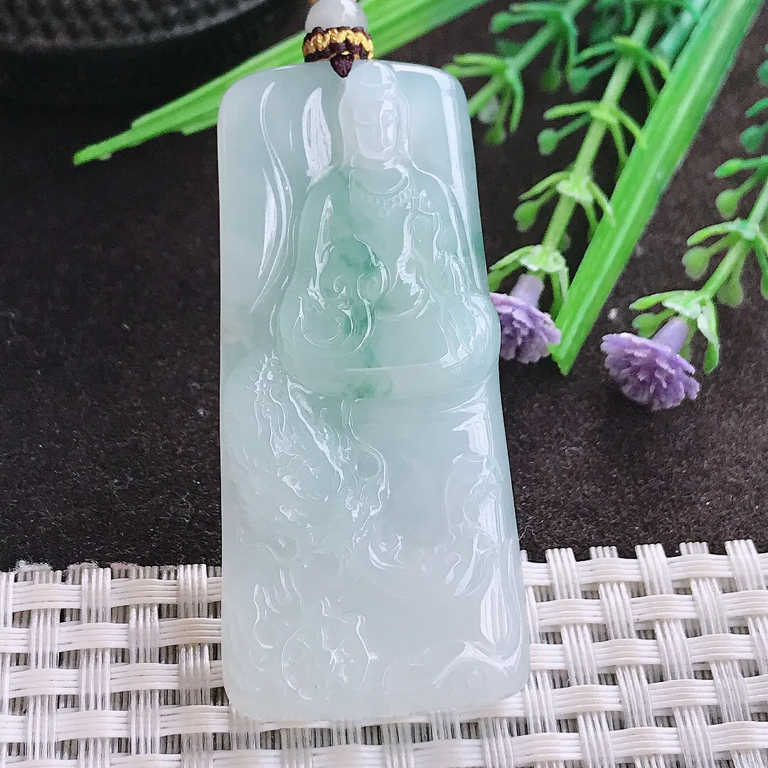 实拍A货翡翠56/25.7/5.3老坑冰胶果冻飘花御龙观音吊坠翡翠玉牌挂件