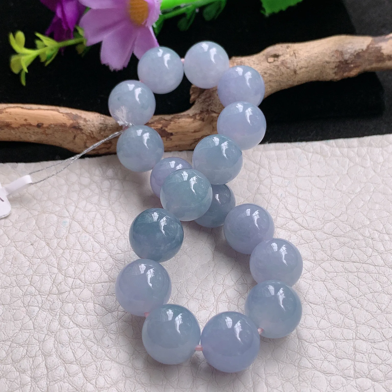 qxm实拍11.6mm缅甸翡翠精雕冰紫高雅圆珠玉手链 玉手串