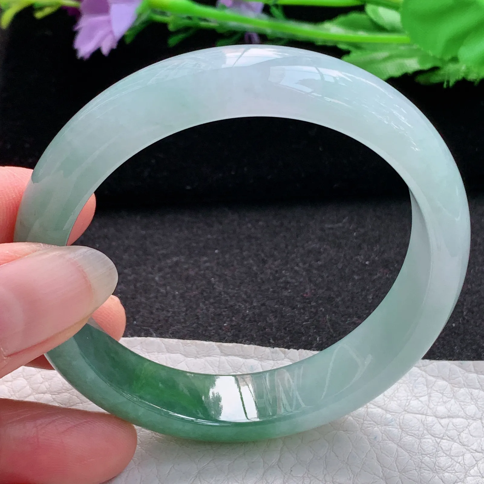 xo实拍56*13.8*7.6平安镯 缅甸翡翠a货玉手镯冰润半山水宽边玉手环