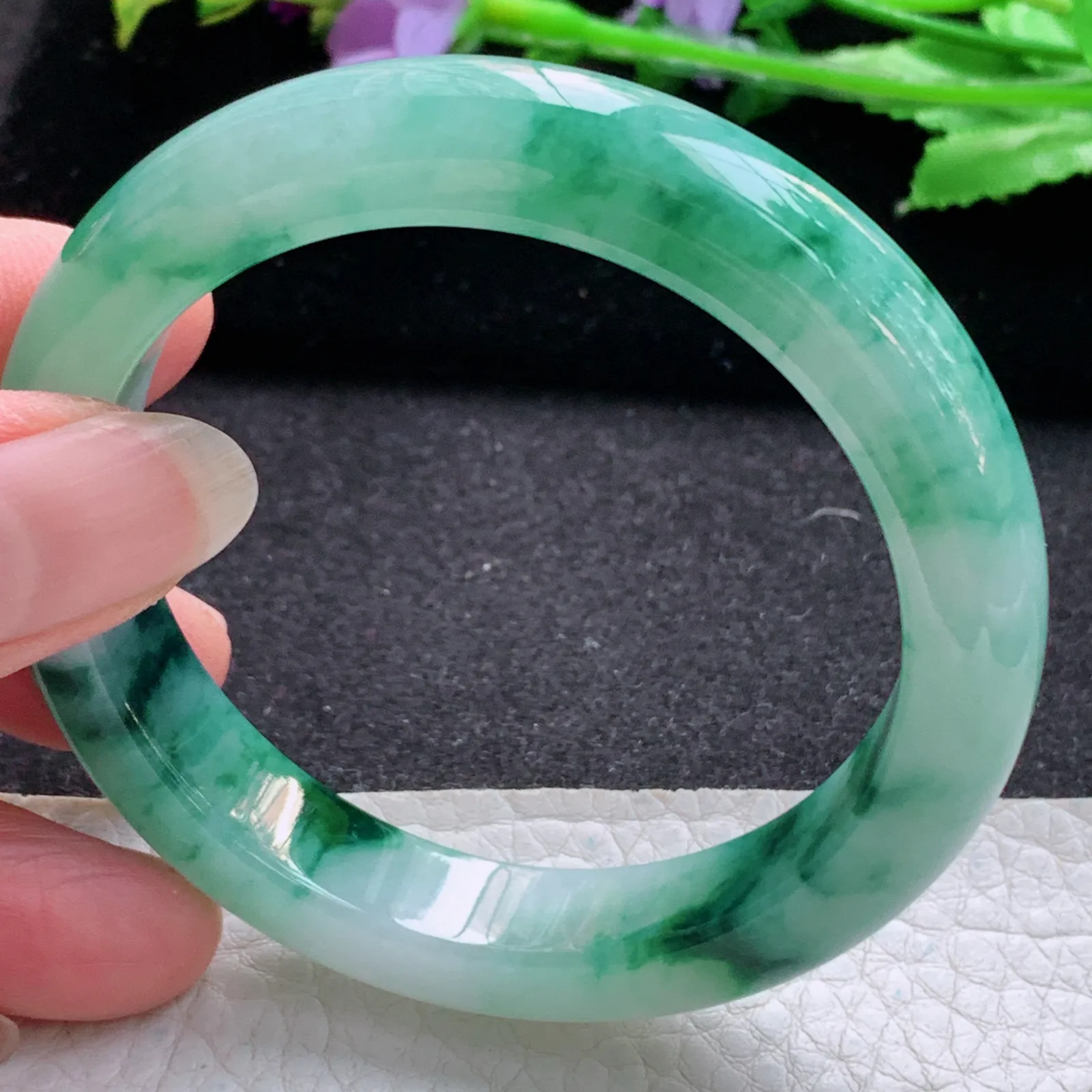 xo实拍55*11.8*8.5平安镯 缅甸翡翠a货玉手镯冰胶飘花宽边玉手环