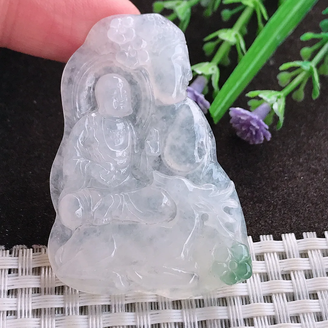 实拍A货翡翠52/36/5.5老坑冰润起胶地藏王菩萨吊坠翡翠玉牌挂件