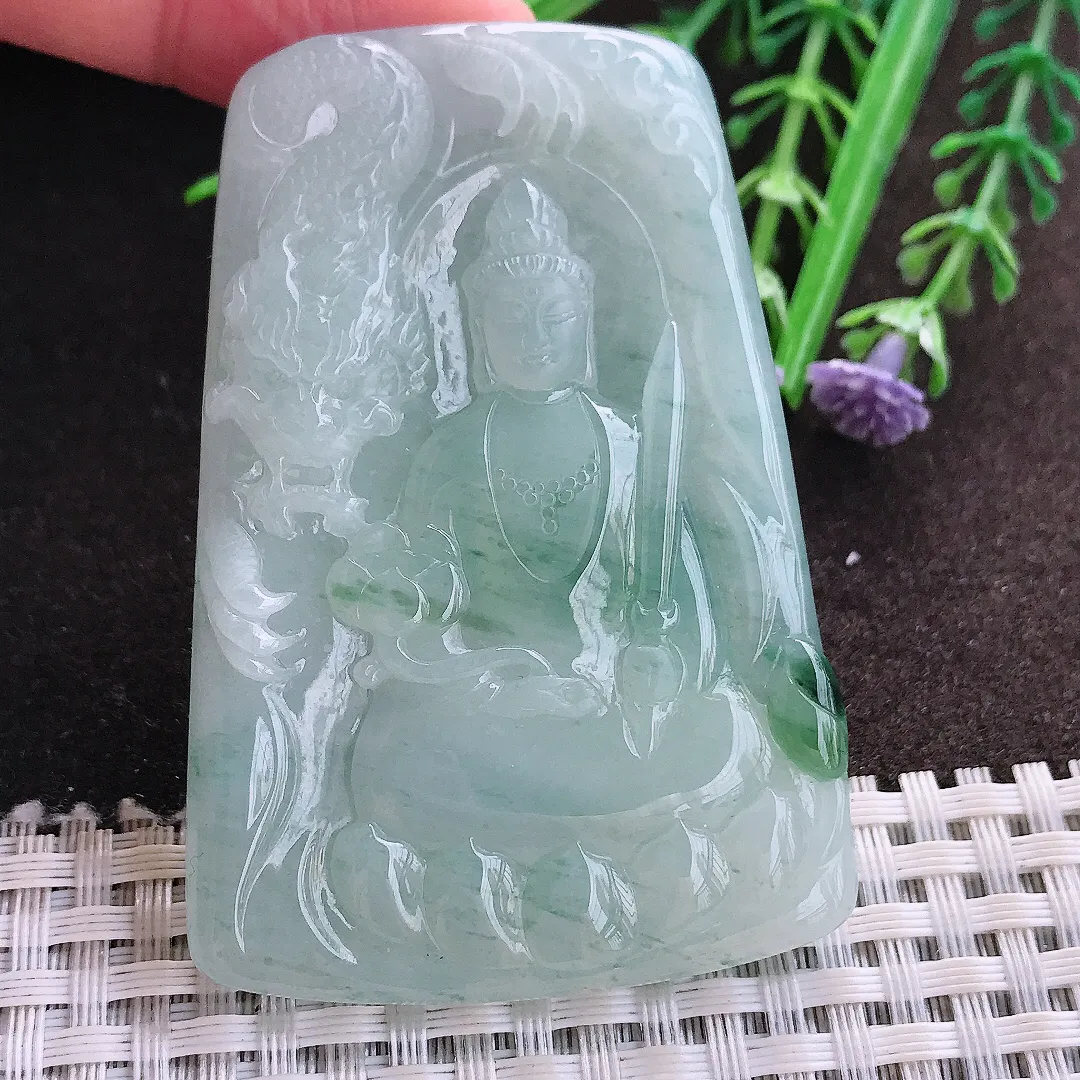 实拍A货翡翠64.5/44.2/5.8老坑冰润起胶飘花虚空藏菩萨吊坠翡翠玉牌挂件