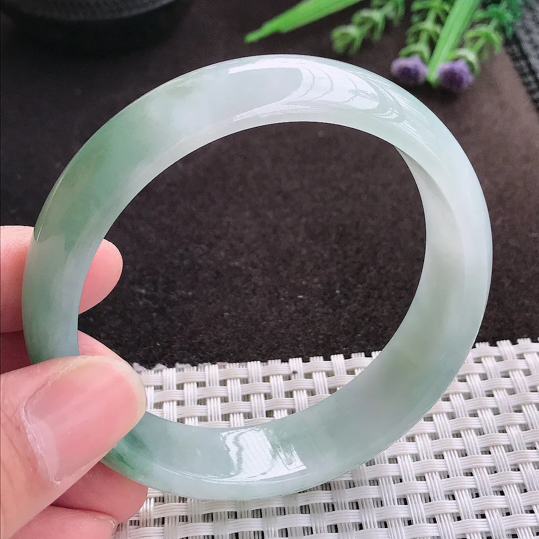 实拍A货翡翠60/16.3/7.6老坑冰胶水灵飘花轮胎手镯翡翠玉镯子平安镯