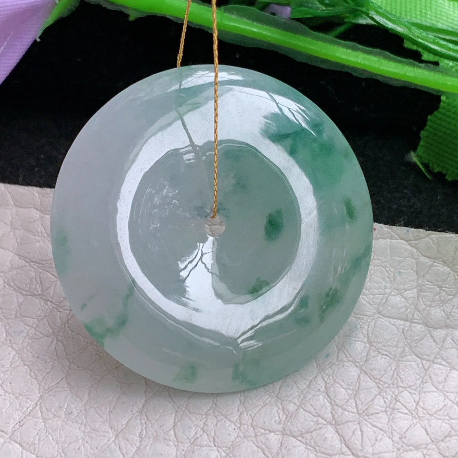 ws实拍35*5.8缅甸翡翠精雕冰飘花大平安扣 玉扣玉吊坠 玉挂件