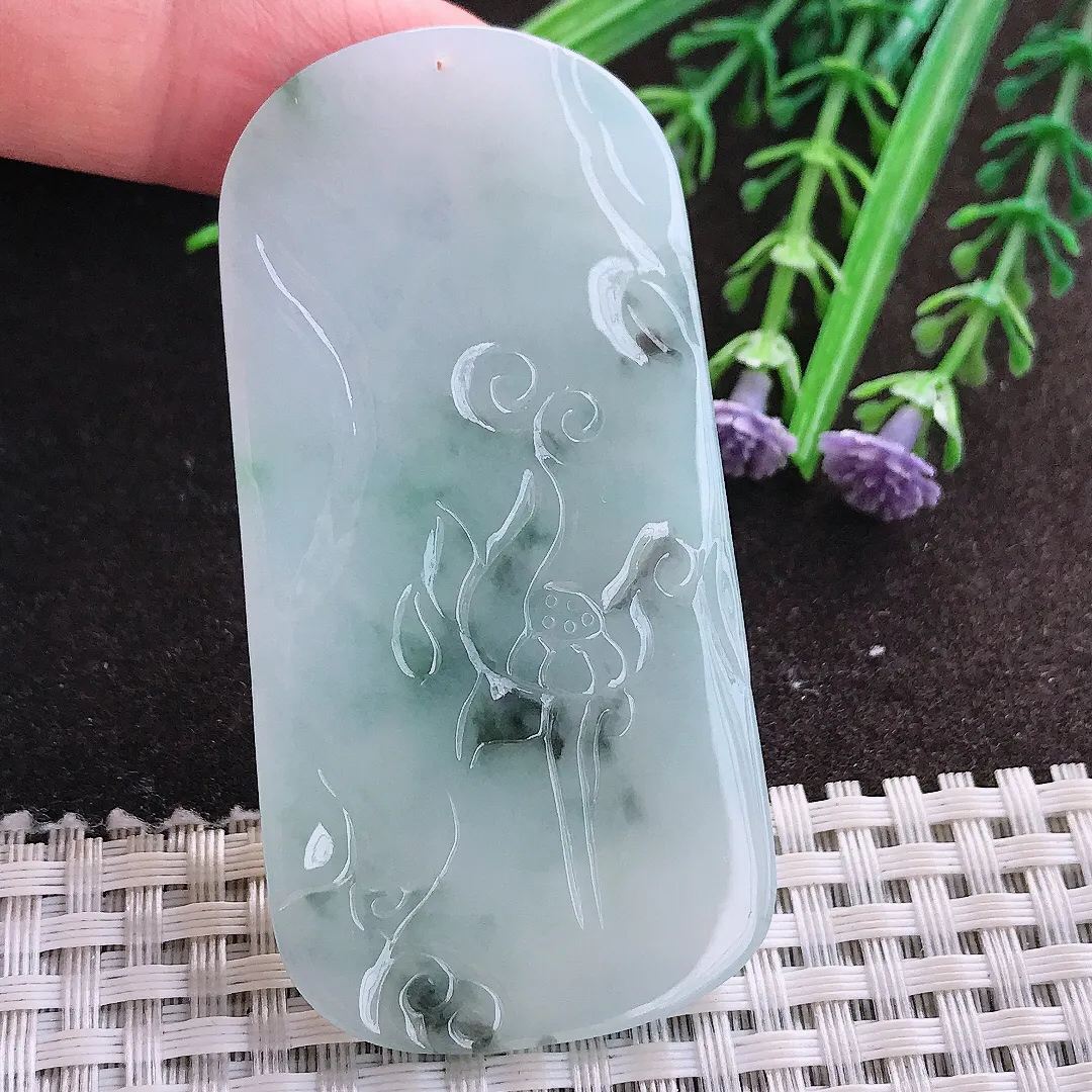 实拍A货翡翠66.5/33.5/5.5老坑冰润起胶飘花文殊菩萨吊坠翡翠玉牌挂件