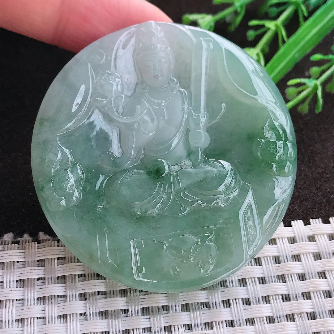 实拍A货翡翠55/5.7老坑冰胶水灵飘花虚空藏菩萨吊坠翡翠玉牌挂件