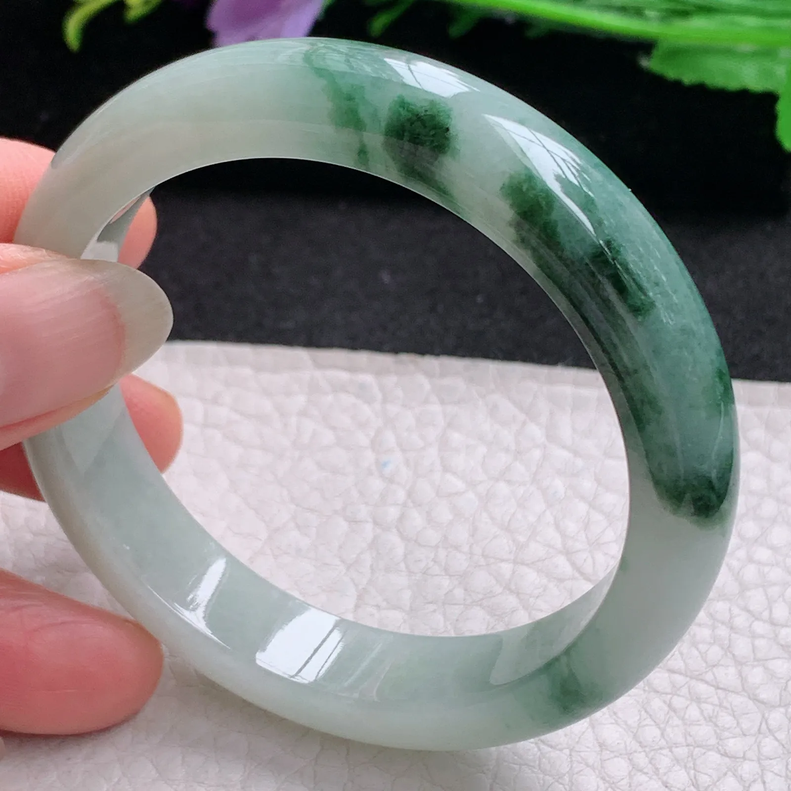 ll实拍53*11.6*7.8缅甸翡翠a货玉手镯冰飘花正圈平安镯宽版玉手环