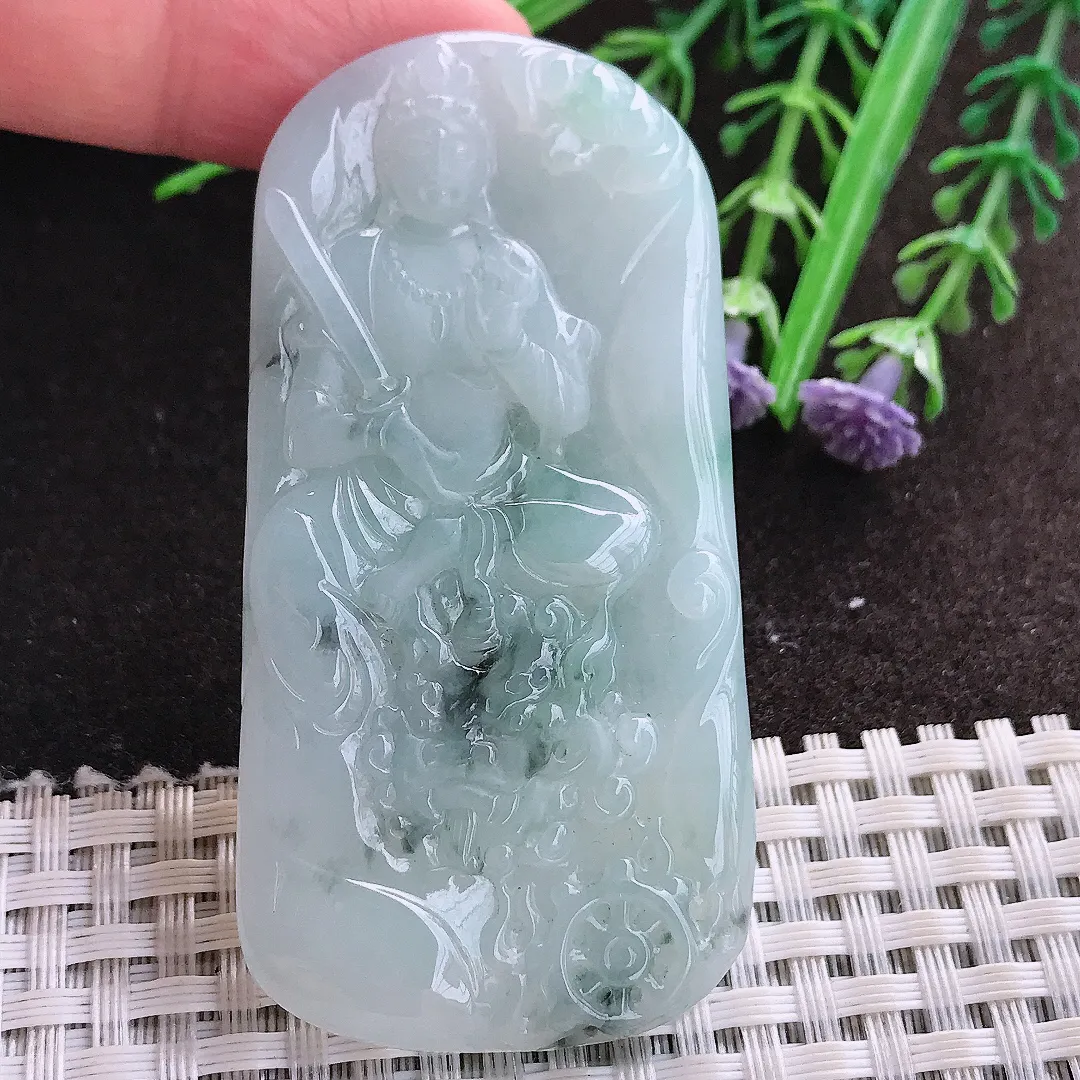 实拍A货翡翠66.5/33.5/5.5老坑冰润起胶飘花文殊菩萨吊坠翡翠玉牌挂件