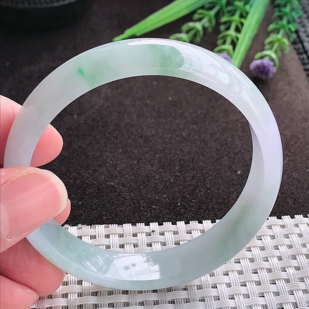 实拍A货翡翠58/14/6.6老坑冰润起胶飘花手镯翡翠玉镯子平安镯