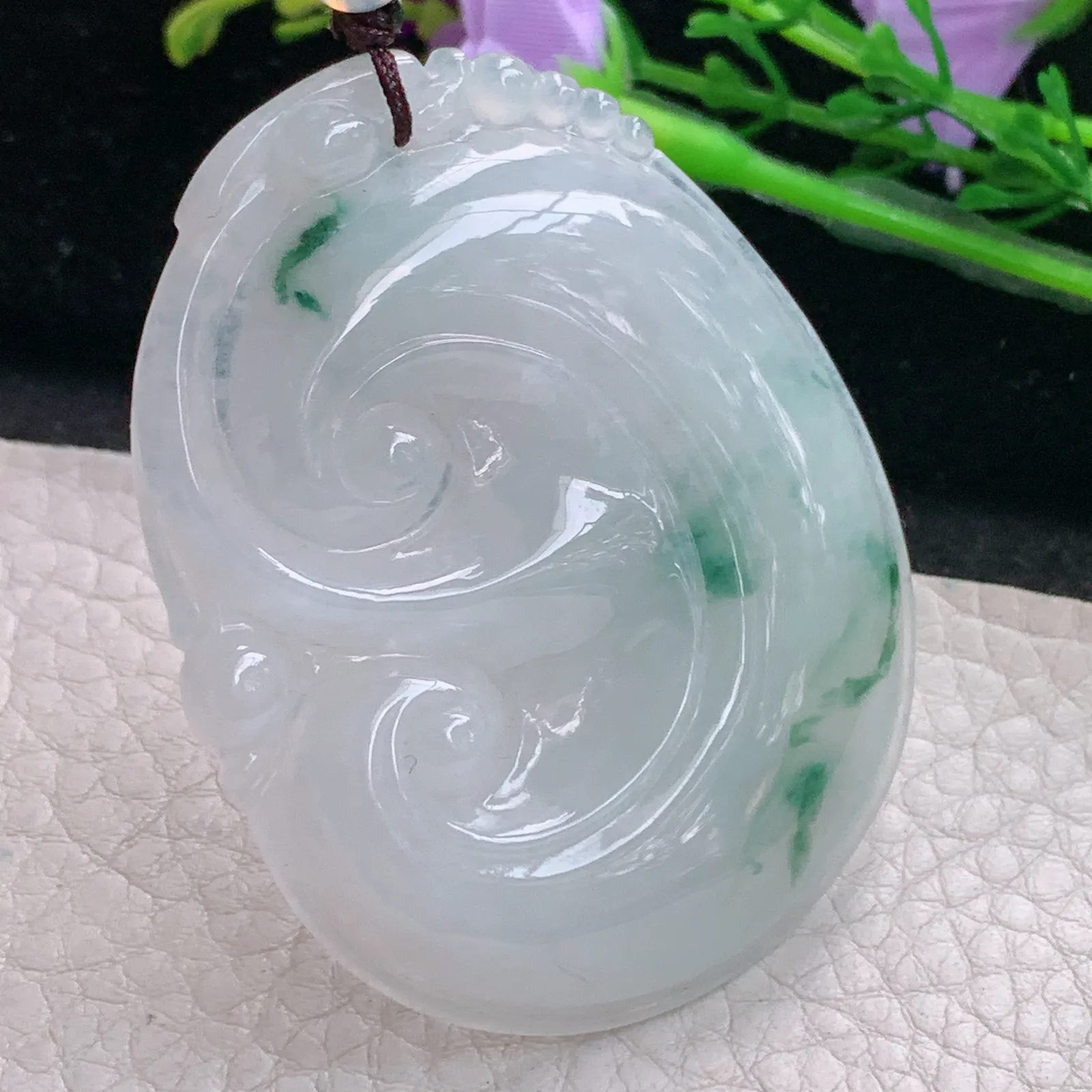zen自然光56.3*45*6.2天然缅甸翡翠冰飘花大如意 玉如意玉吊坠 毛衣坠