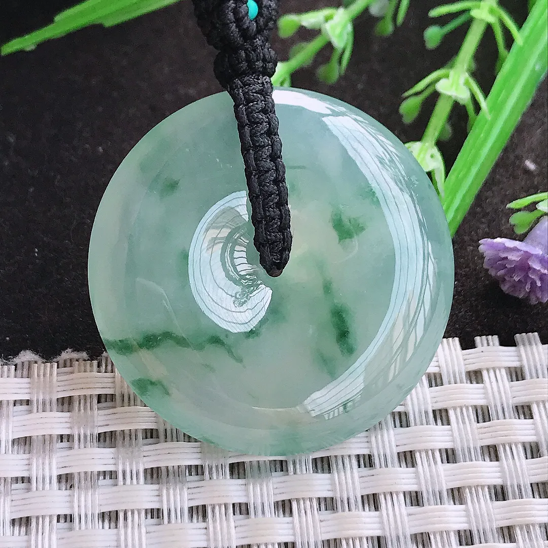 实拍A货翡翠36/7.6老坑冰胶果冻冰晴飘花平安扣吊坠翡翠玉扣挂件